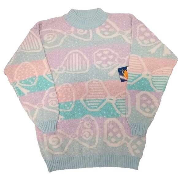 Vintage 80s Pastel Knit Sweater Geometric Bow Pattern Retro Pullover Holiday L - Picture 1 of 9